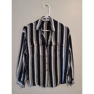 Eleanor P Brenner Womens‎ S Blouse 100% Silk Black & White Stripe Gold Buttons
